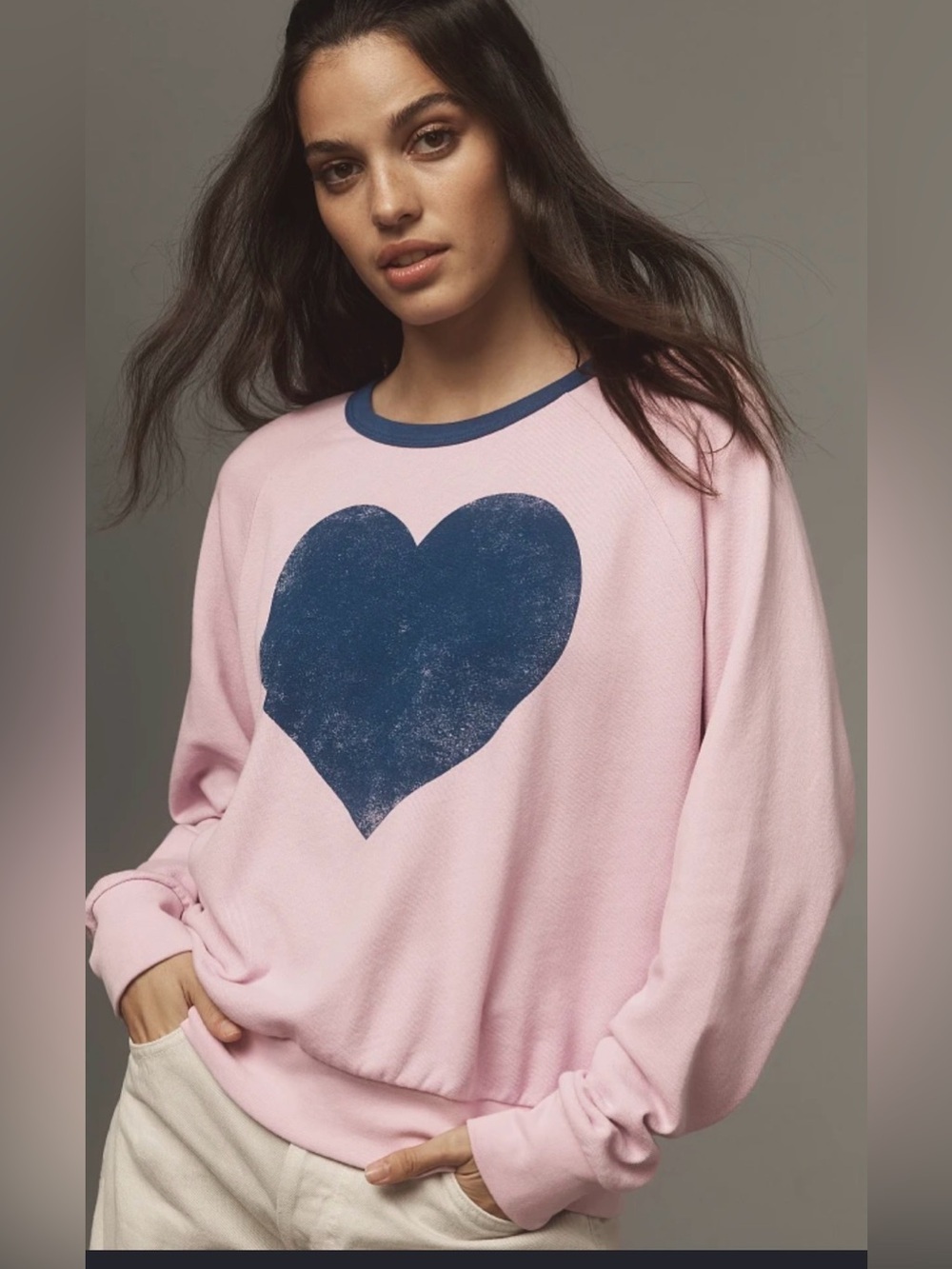 Anthropologie Letluv Pink Ringer Sweatshirt with Navy Heart nwt oversized small